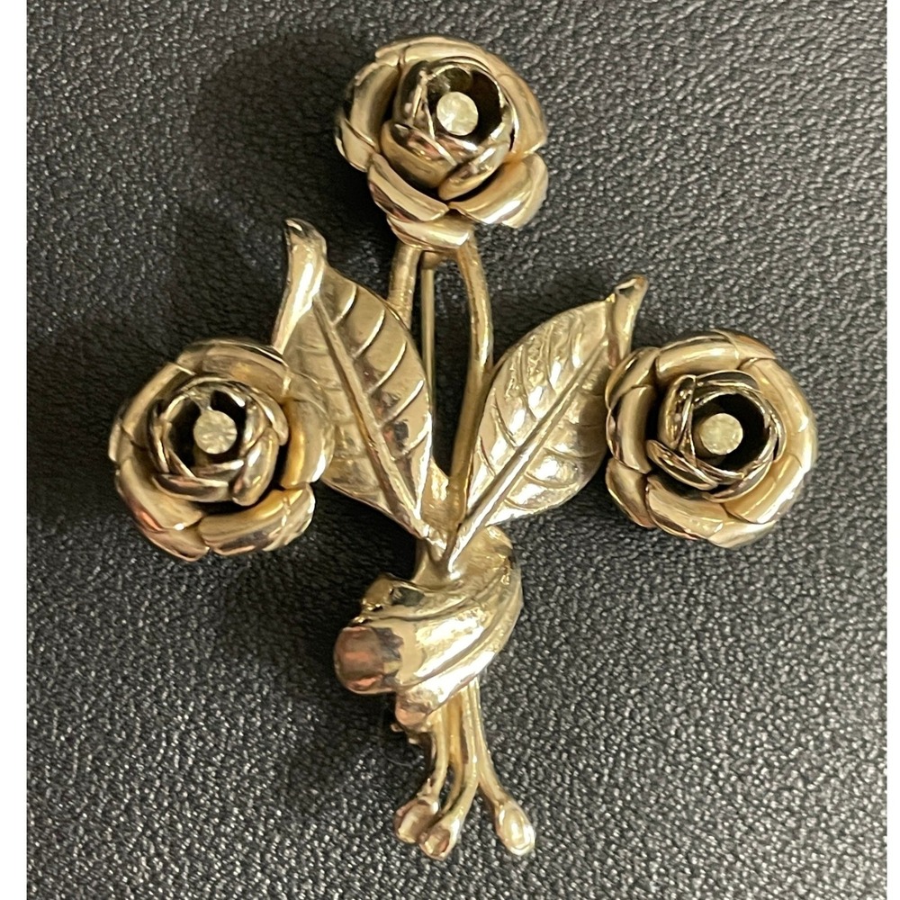 Vintage Rose Bouquet Brooch Rhinestone Center Floral Pin